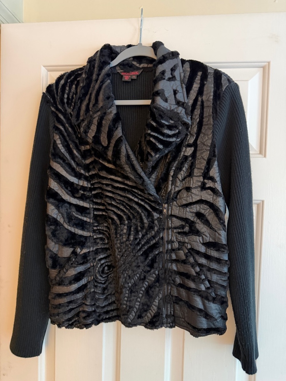 Simon Chang Black and Gray Textured Faux Fur Jacket